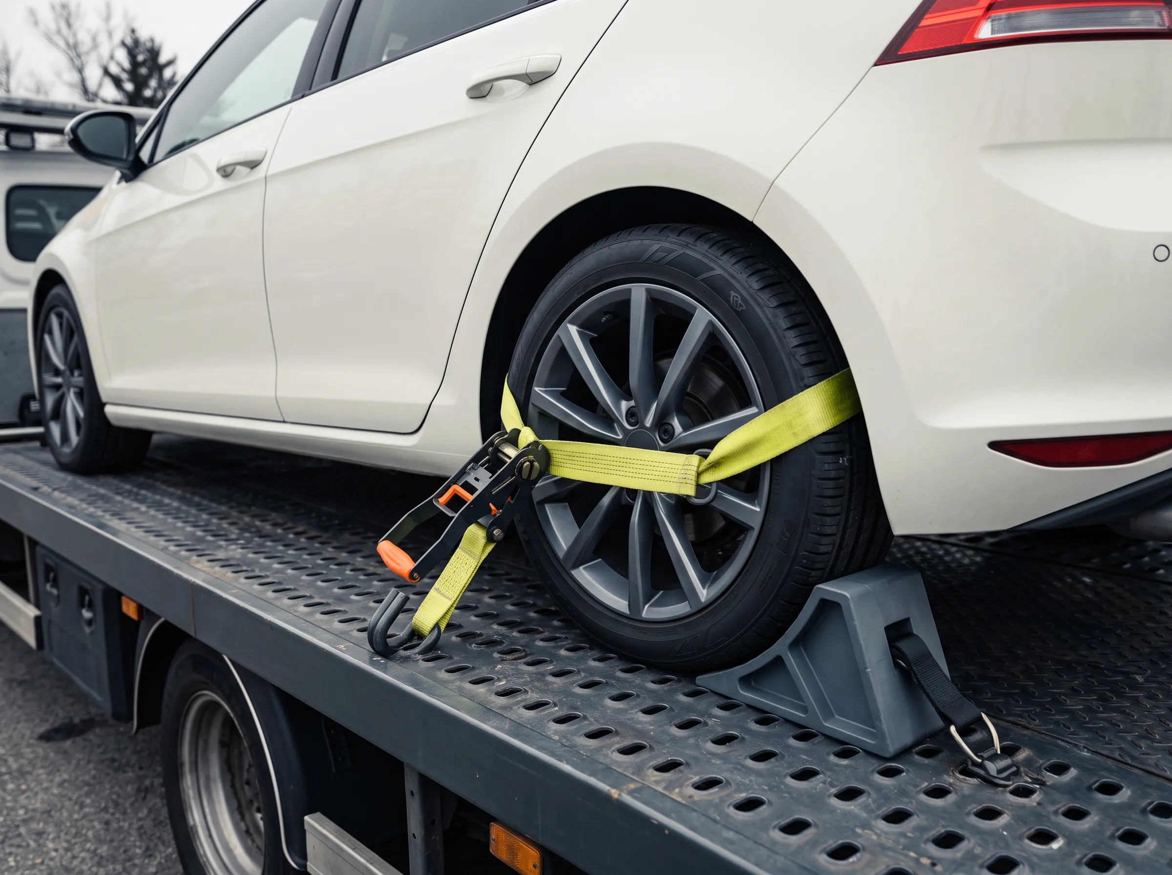 Osobné auto naložené na plošine odťahového vozidla